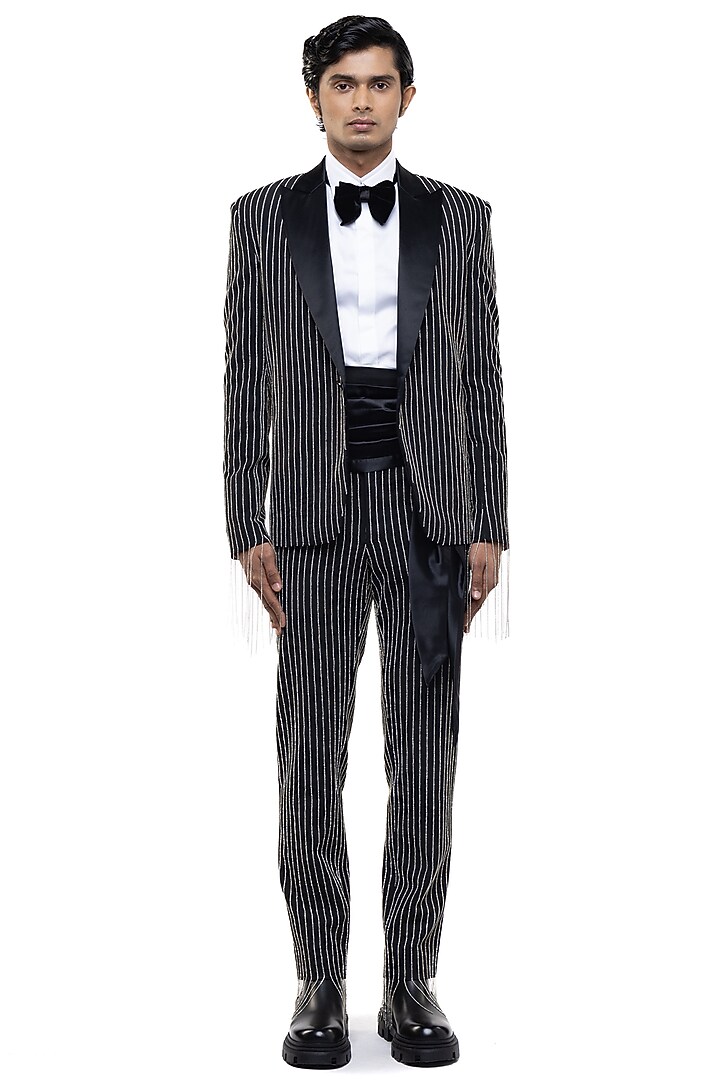 Black Worsted Wool Embellished Tuxedo Set by SDS by KUSHAL SHAH at Pernia's Pop Up Shop