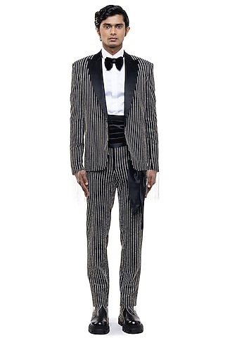 Black Worsted Wool Embellished Tuxedo Set by SDS by KUSHAL SHAH