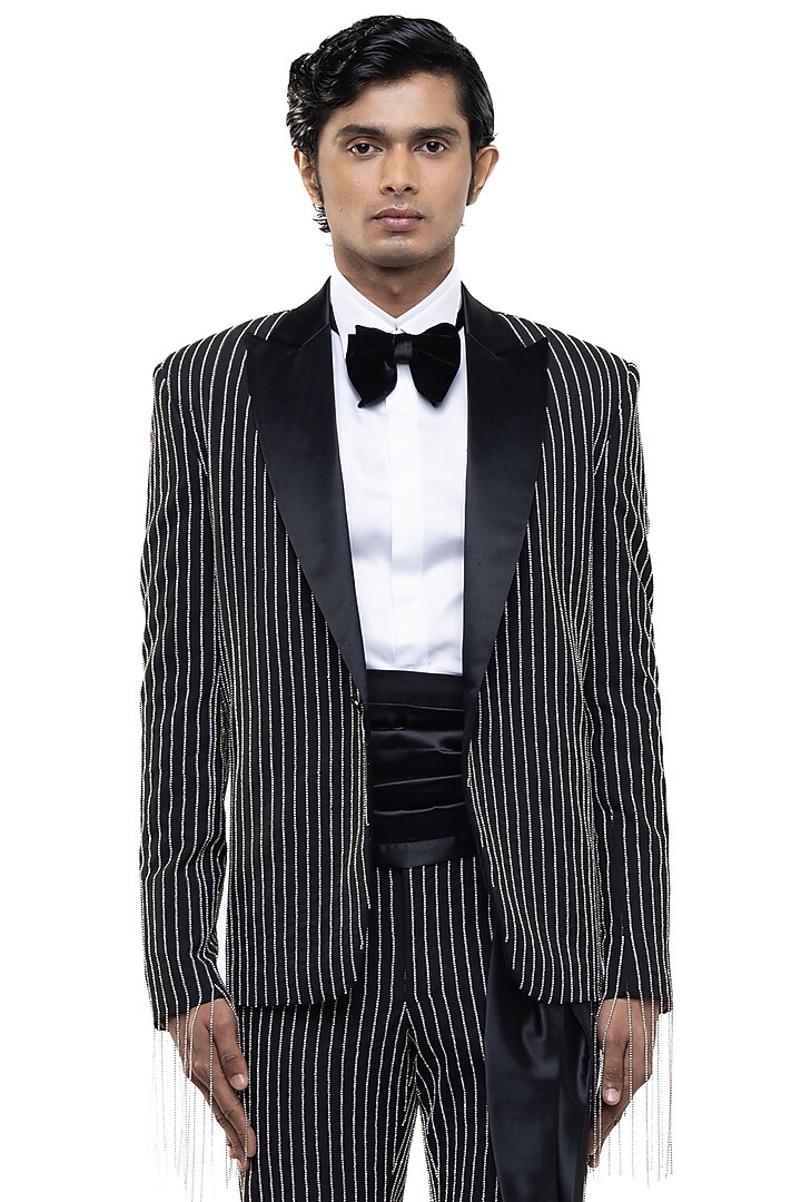 Black Worsted Wool Embellished Tuxedo Set by SDS by KUSHAL SHAH at Pernia's Pop Up Shop