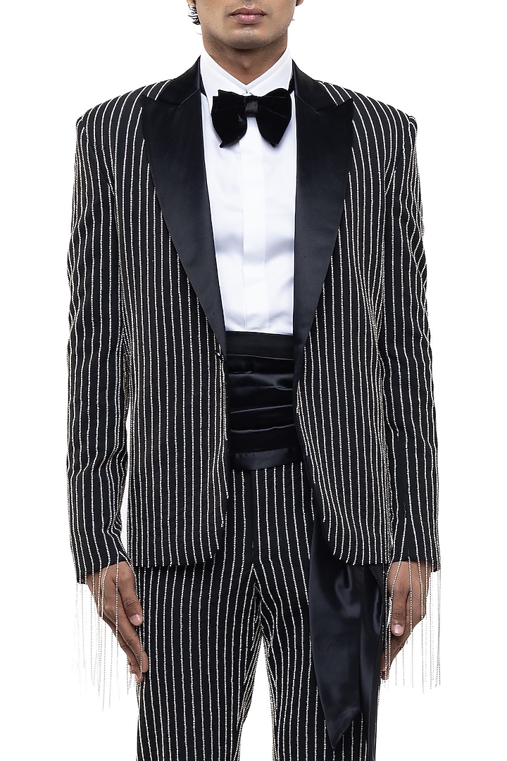 Black Worsted Wool Embellished Tuxedo Set by SDS by KUSHAL SHAH at Pernia's Pop Up Shop