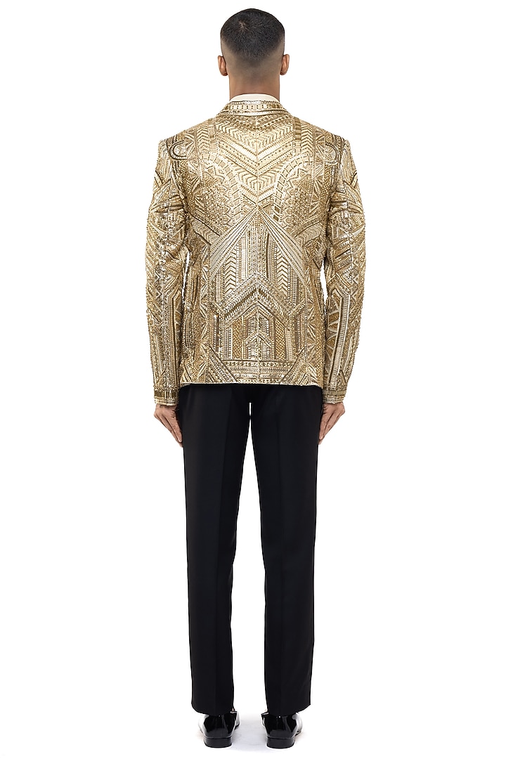 Gold Silk Embroidered Tuxedo Set by SDS by KUSHAL SHAH at Pernia's Pop Up Shop