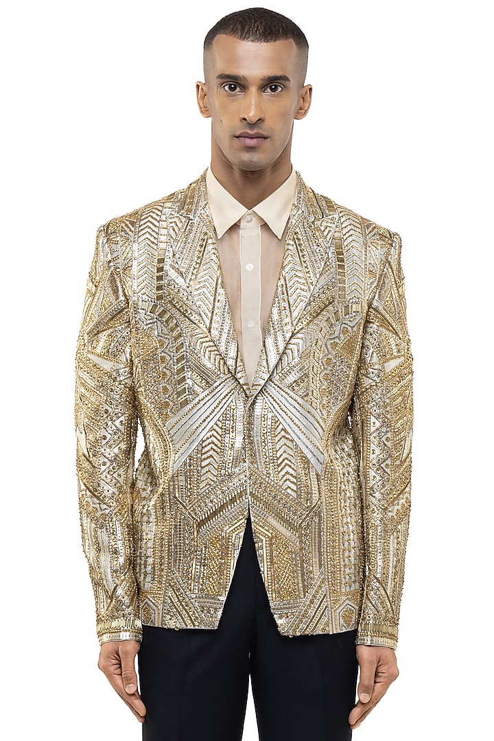 Gold Silk Embroidered Tuxedo Set by SDS by KUSHAL SHAH at Pernia's Pop Up Shop