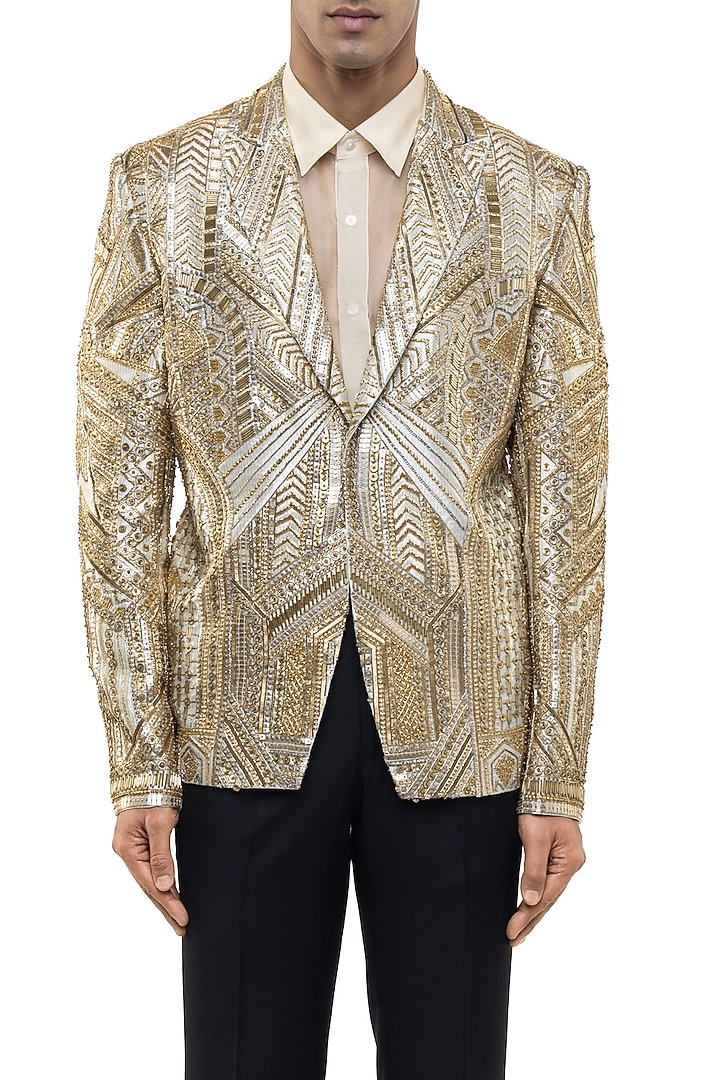Gold Silk Embroidered Tuxedo Set by SDS by KUSHAL SHAH at Pernia's Pop Up Shop