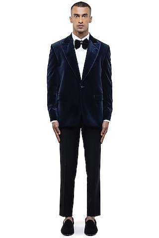 Navy Blue Velvet Tuxedo Set by SDS by KUSHAL SHAH