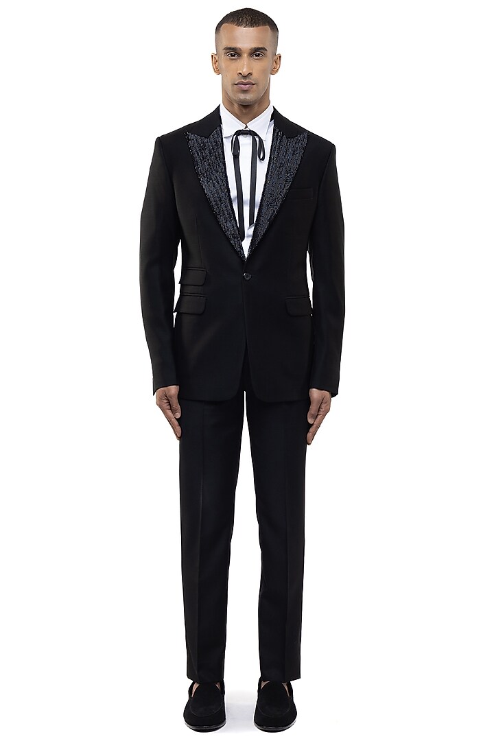 Black Worsted Wool Tuxedo Set by SDS by KUSHAL SHAH at Pernia's Pop Up Shop