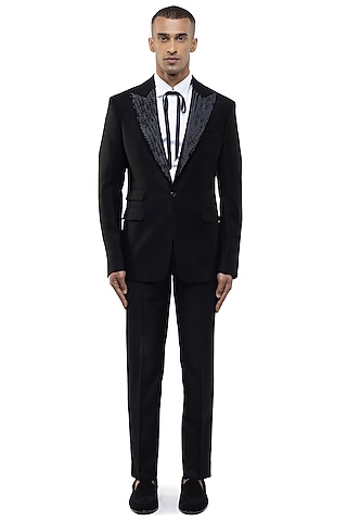 Black Worsted Wool Tuxedo Set by SDS by KUSHAL SHAH