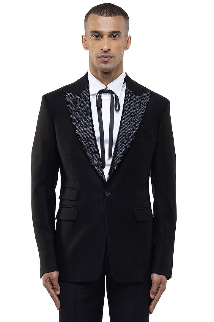 Black Worsted Wool Tuxedo Set by SDS by KUSHAL SHAH at Pernia's Pop Up Shop