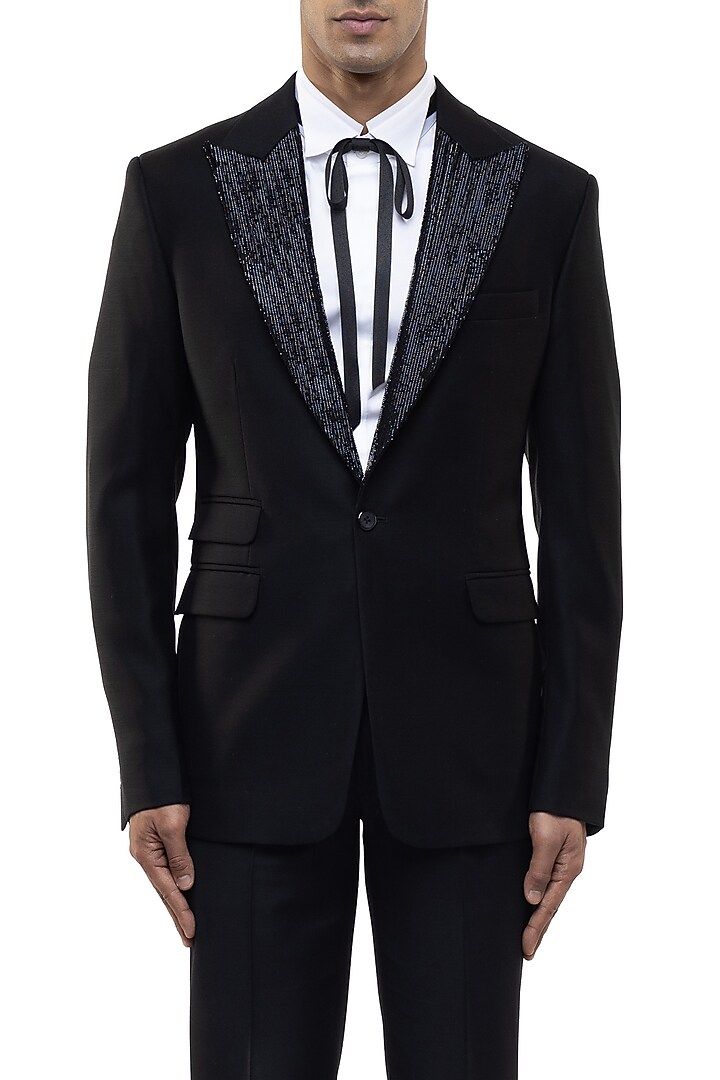 Black Worsted Wool Tuxedo Set by SDS by KUSHAL SHAH at Pernia's Pop Up Shop