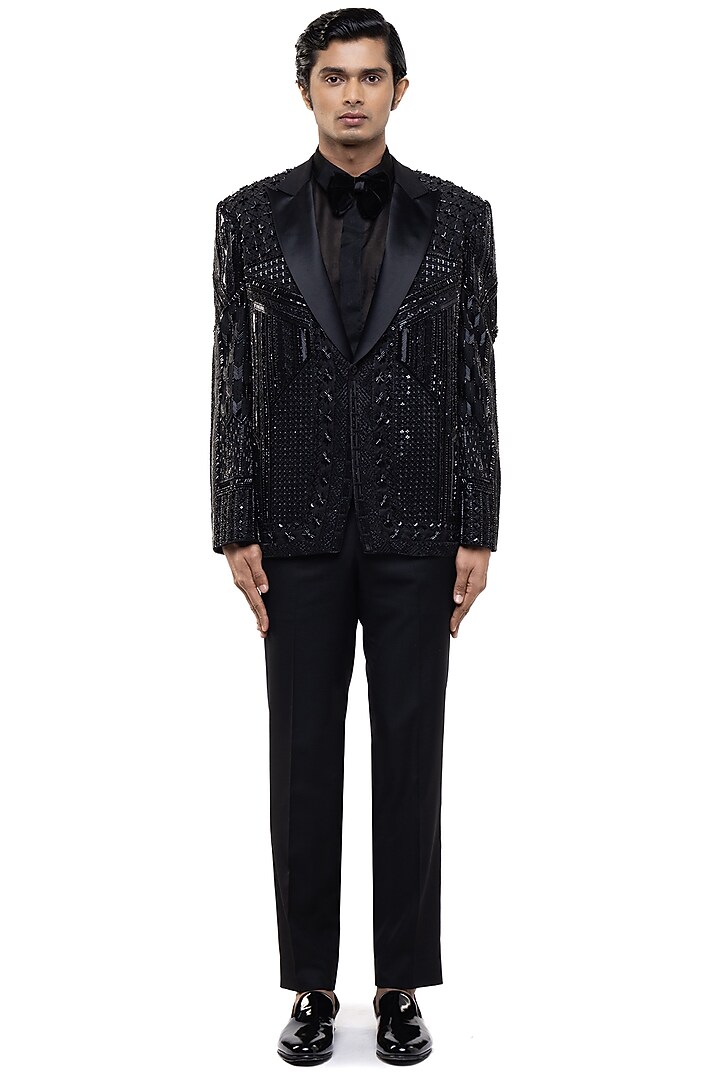 Black Silk Embroidered Tuxedo Set by SDS by KUSHAL SHAH at Pernia's Pop Up Shop