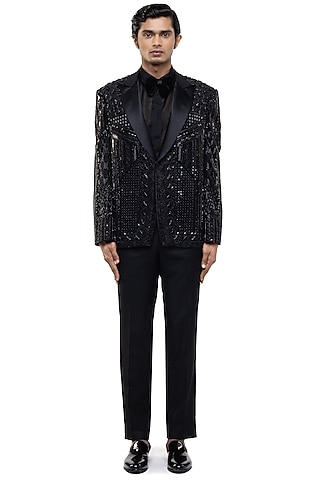 Black Silk Embroidered Tuxedo Set by SDS by KUSHAL SHAH