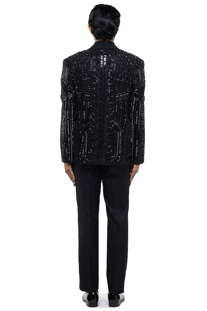 Black Silk Embroidered Tuxedo Set by SDS by KUSHAL SHAH at Pernia's Pop Up Shop
