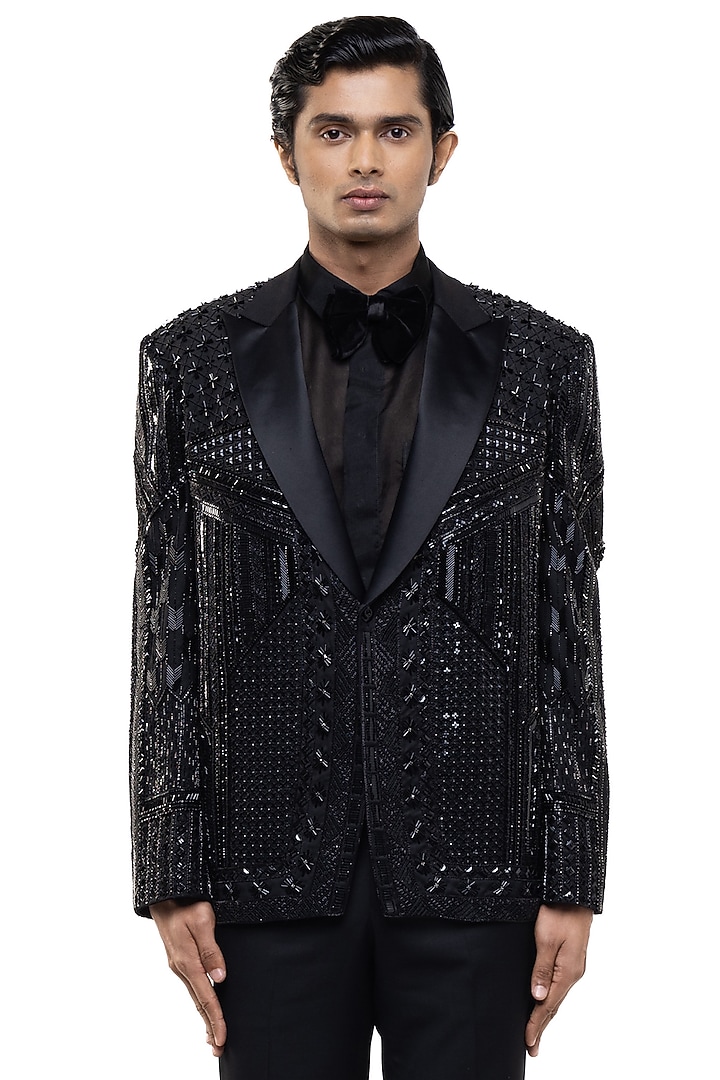 Black Silk Embroidered Tuxedo Set by SDS by KUSHAL SHAH at Pernia's Pop Up Shop