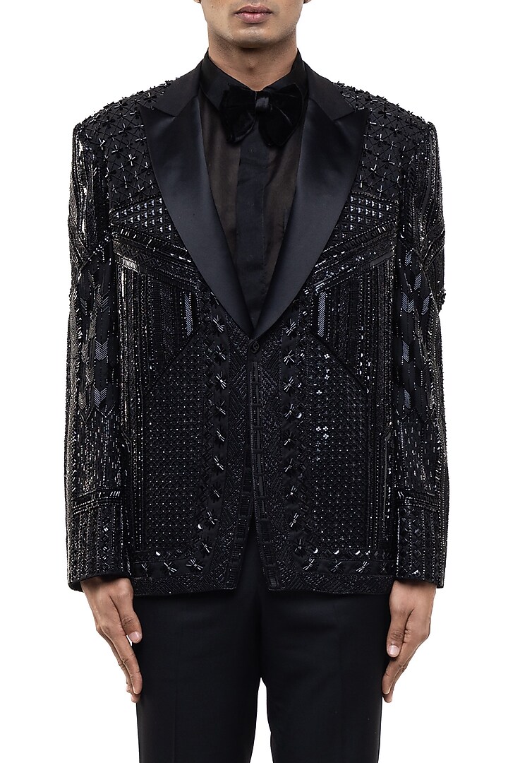 Black Silk Embroidered Tuxedo Set by SDS by KUSHAL SHAH at Pernia's Pop Up Shop