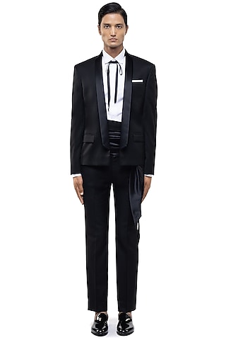 Black Worsted Wool Tuxedo Set by SDS by KUSHAL SHAH