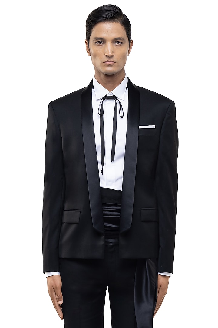 Black Worsted Wool Tuxedo Set by SDS by KUSHAL SHAH at Pernia's Pop Up Shop