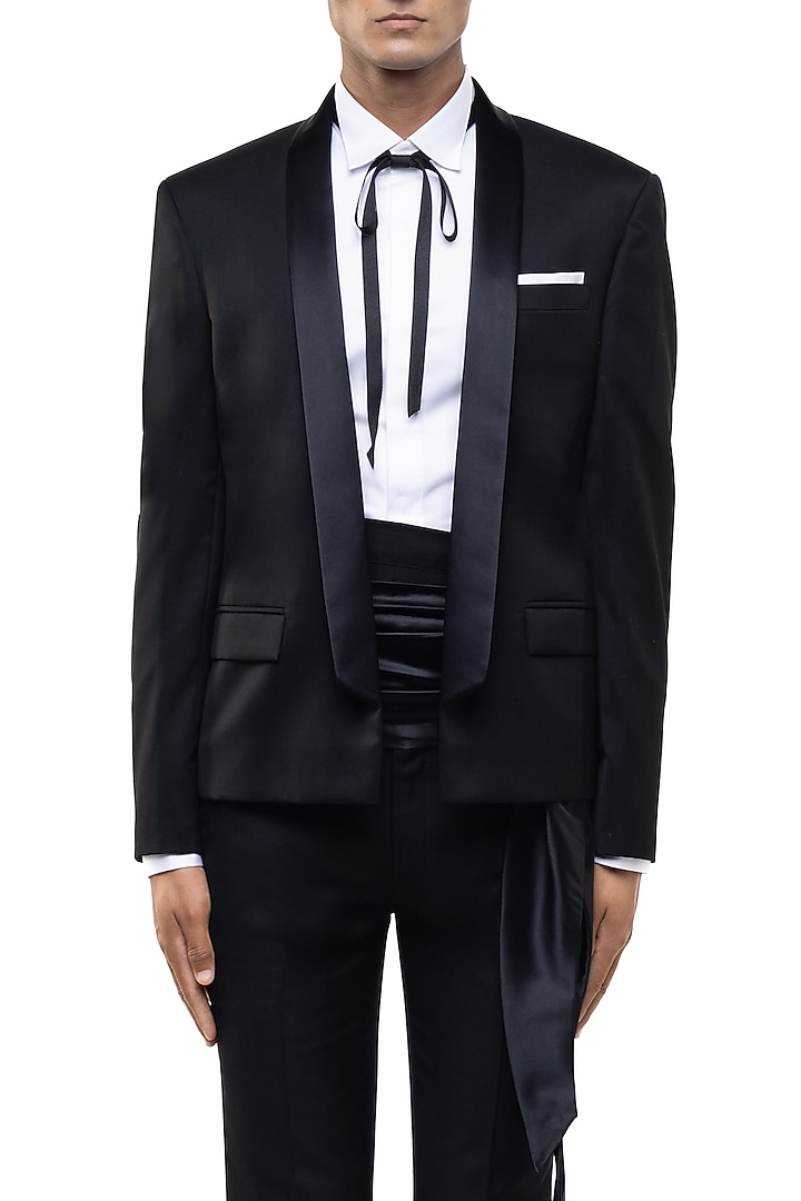 Black Worsted Wool Tuxedo Set by SDS by KUSHAL SHAH at Pernia's Pop Up Shop