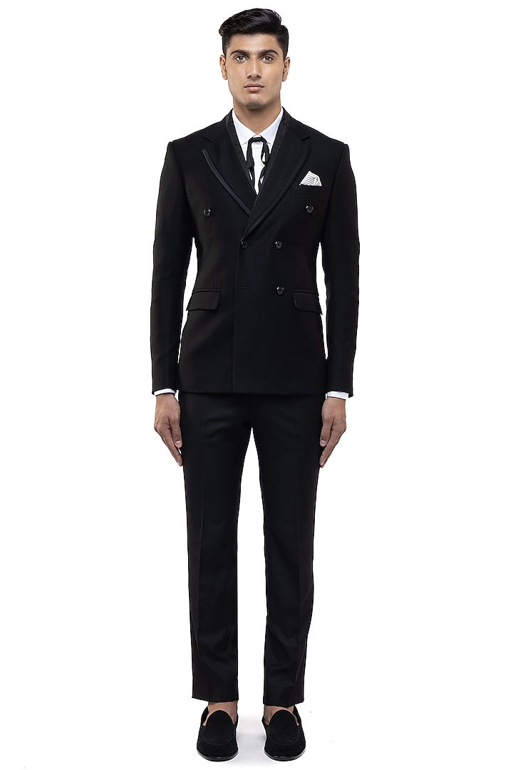 Black Worsted Wool Tuxedo Set by SDS by KUSHAL SHAH at Pernia's Pop Up Shop