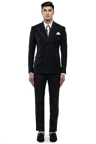 Black Worsted Wool Tuxedo Set by SDS by KUSHAL SHAH