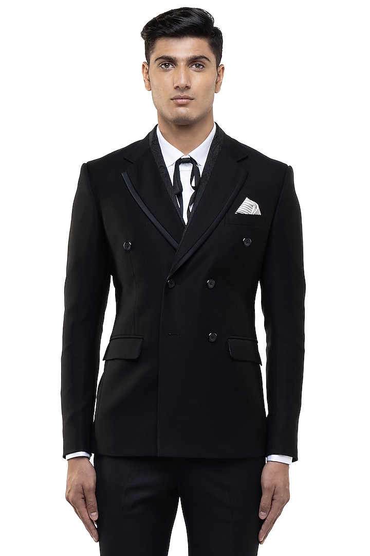 Black Worsted Wool Tuxedo Set by SDS by KUSHAL SHAH at Pernia's Pop Up Shop