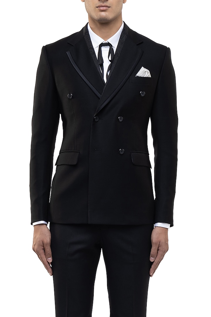 Black Worsted Wool Tuxedo Set by SDS by KUSHAL SHAH at Pernia's Pop Up Shop