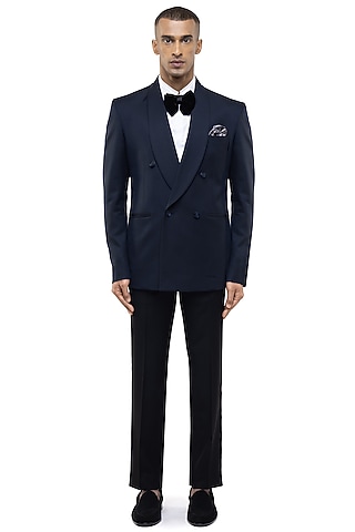 Navy Blue Worsted Wool Tuxedo Set by SDS by KUSHAL SHAH