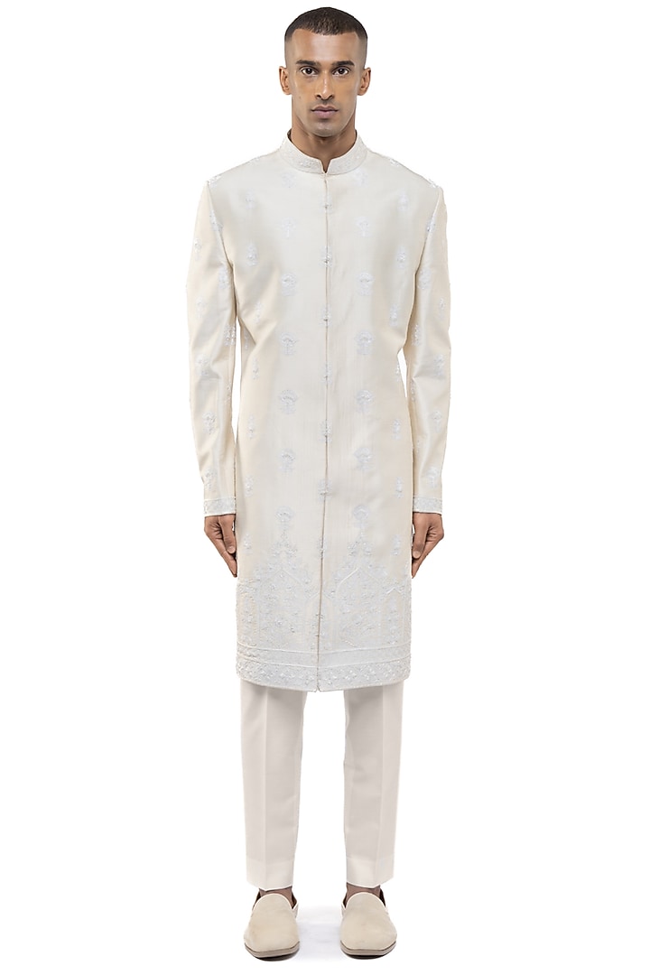 Cream Silk Embroidered Groom Sherwani Set by SDS by KUSHAL SHAH at Pernia's Pop Up Shop