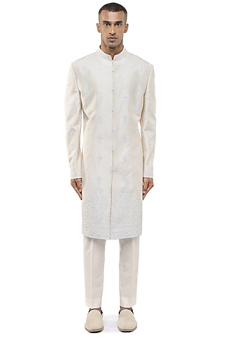 Cream Silk Embroidered Sherwani Set by SDS by KUSHAL SHAH