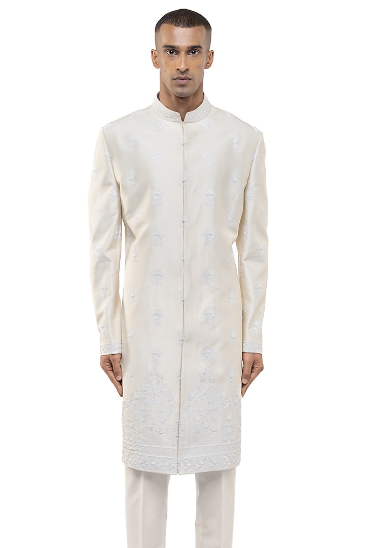 Cream Silk Embroidered Groom Sherwani Set by SDS by KUSHAL SHAH at Pernia's Pop Up Shop