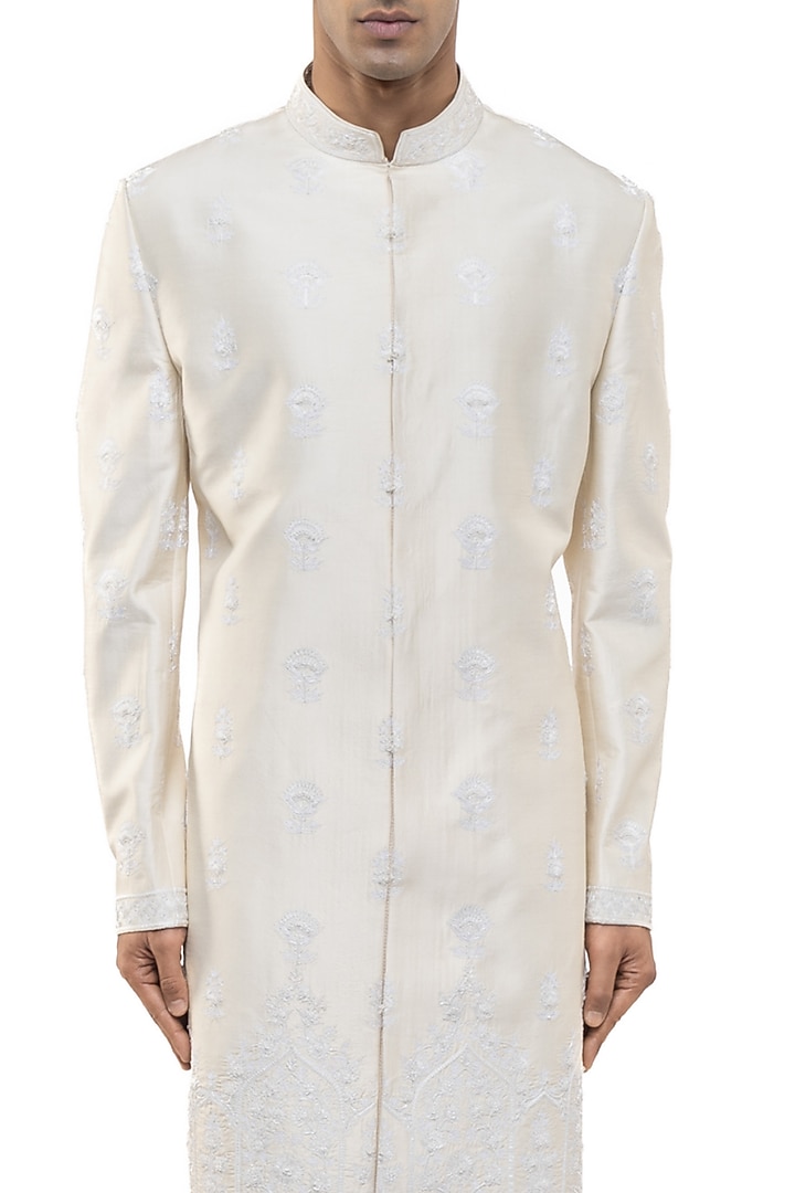 Cream Silk Embroidered Groom Sherwani Set by SDS by KUSHAL SHAH at Pernia's Pop Up Shop