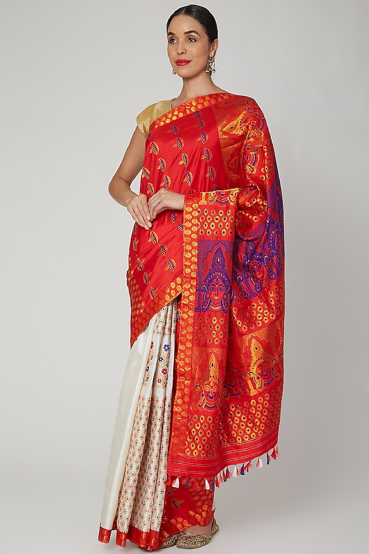 Red & White Woven Handloom Saree Set by Sanjukta Dutta