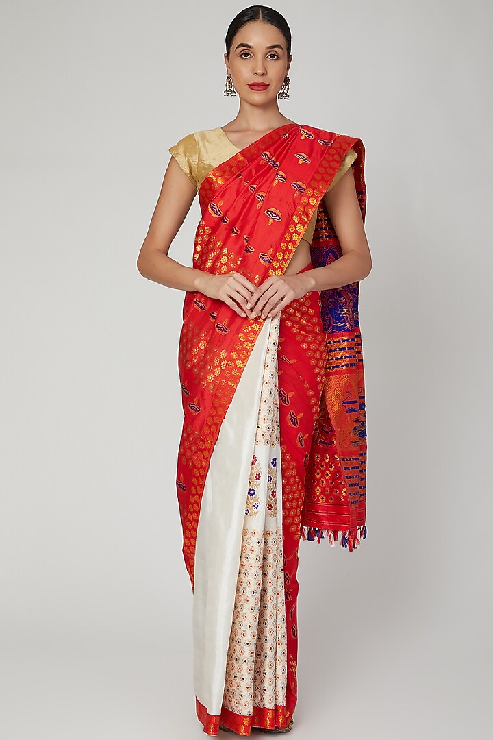Red & White Woven Handloom Wedding Saree Set by Sanjukta Dutta at Pernia's Pop Up Shop