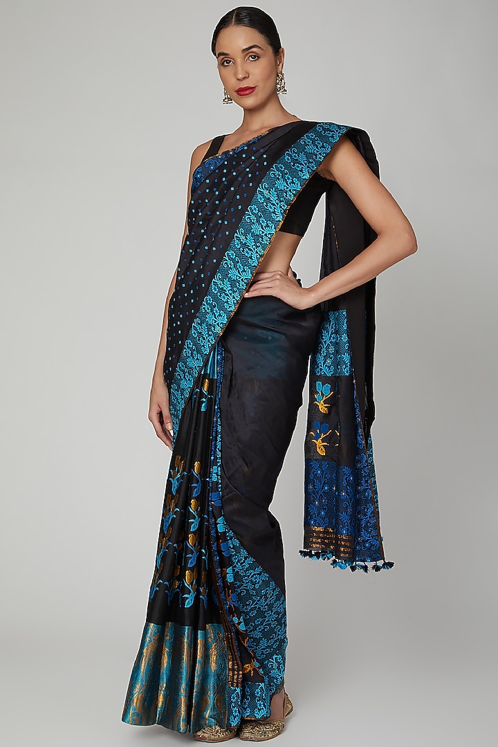 Black & Blue Handloom Wedding Saree Set by Sanjukta Dutta at Pernia's Pop Up Shop