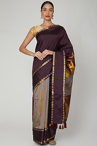 Wine Saree Set With Multi Colored Thread Detailing by Sanjukta Dutta