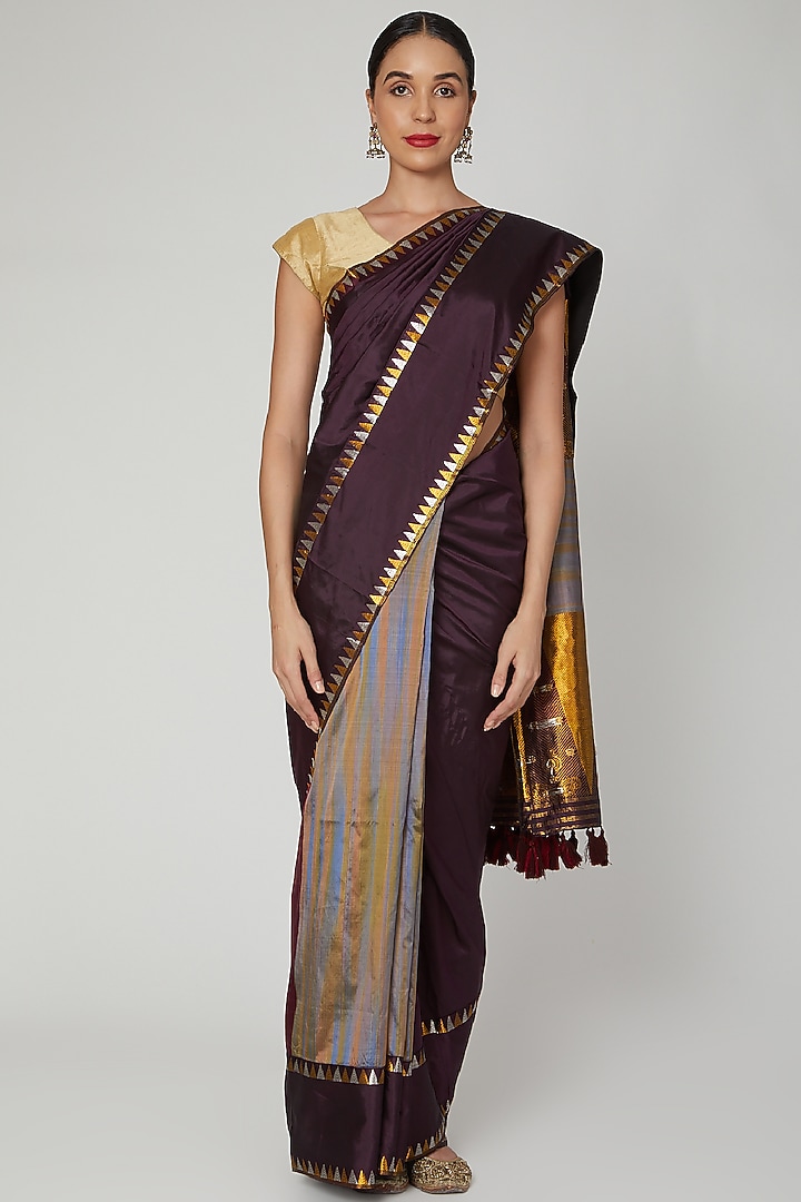 Wine Wedding Saree Set With Multi Colored Thread Detailing by Sanjukta Dutta at Pernia's Pop Up Shop