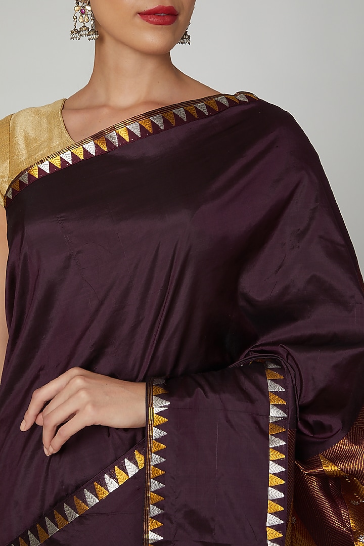 Wine Wedding Saree Set With Multi Colored Thread Detailing by Sanjukta Dutta at Pernia's Pop Up Shop