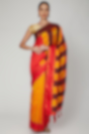 Mustard & Maroon Striped Saree Set by Sanjukta Dutta