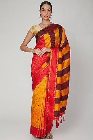 Mustard & Maroon Striped Saree Set by Sanjukta Dutta