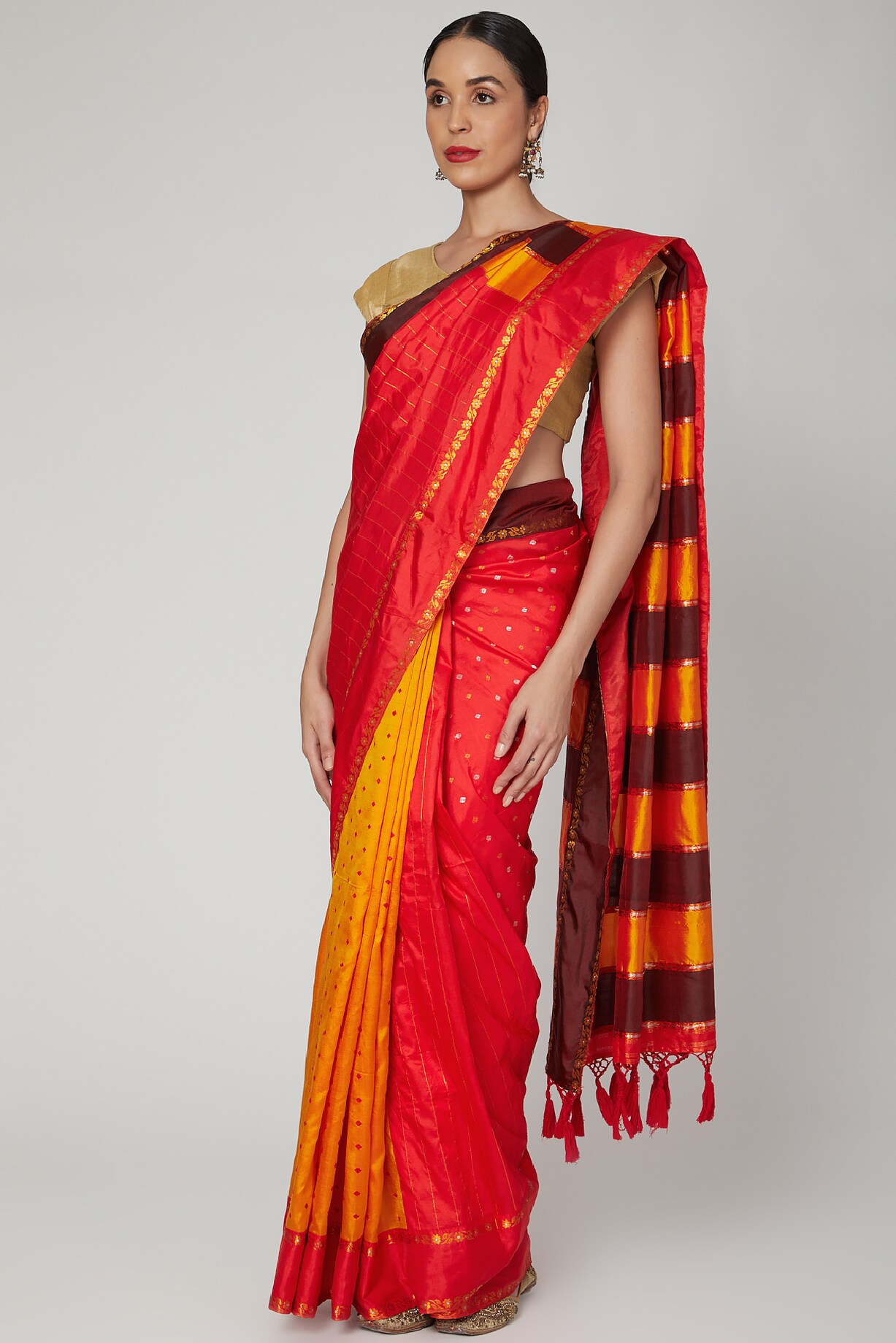 Maroon-Mustard-Grey Triple Shade Mul-Cotton Saree