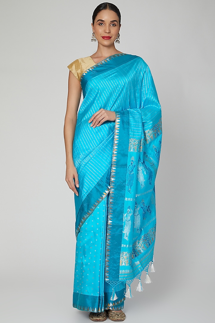 Sky Blue Handloom Saree Set by Sanjukta Dutta