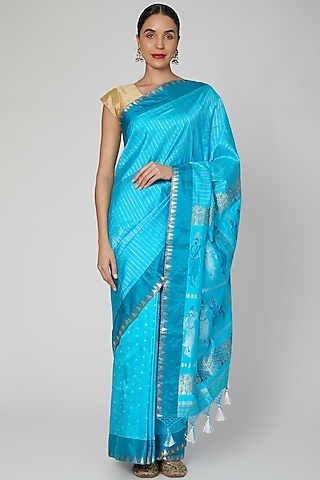 Sky Blue Handloom Saree Set by Sanjukta Dutta