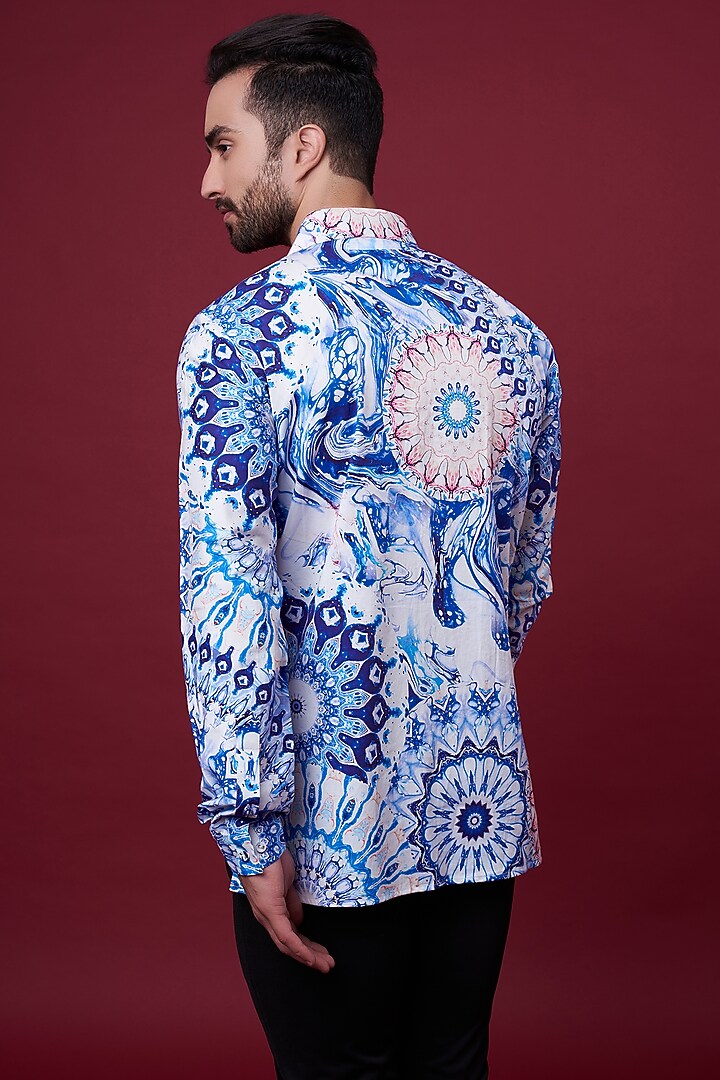 Cobalt Blue & White Printed Party Wear Shirt by Siddhartha Bansal Men at Pernia's Pop Up Shop