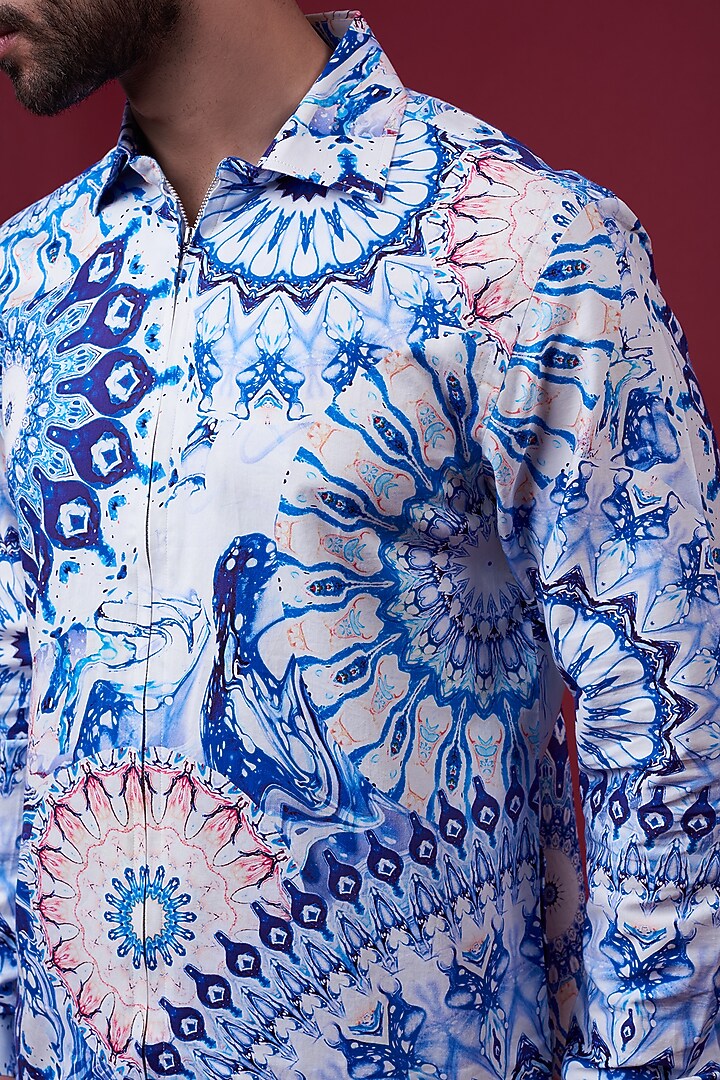 Cobalt Blue & White Printed Party Wear Shirt by Siddhartha Bansal Men at Pernia's Pop Up Shop