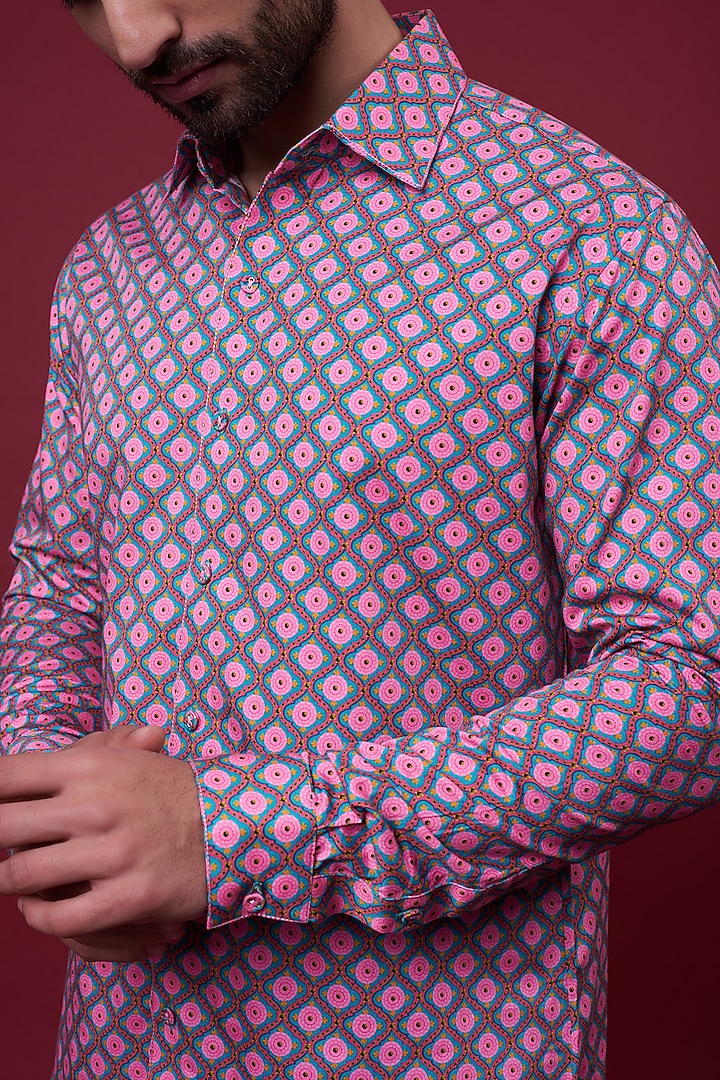 Pink & Sea Green Cotton Satin Printed Party Wear Shirt by Siddhartha Bansal Men at Pernia's Pop Up Shop