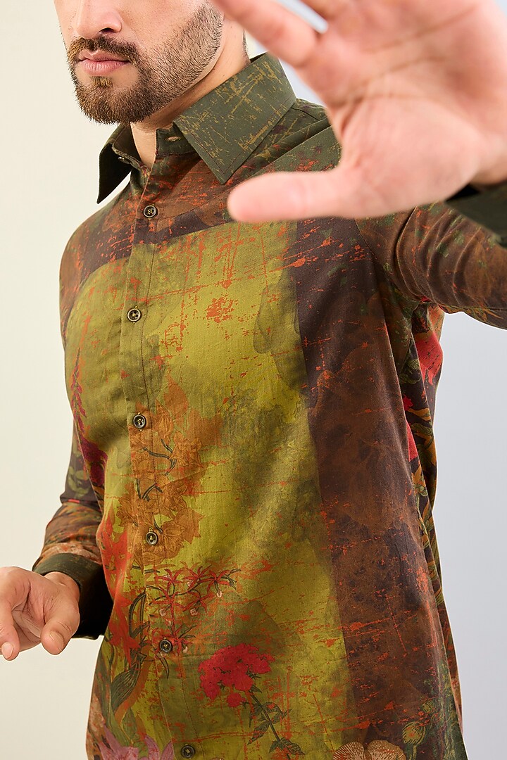 Olive Green Cotton Satin Floral Digital Printed Party Wear Shirt by Siddhartha Bansal Men at Pernia's Pop Up Shop
