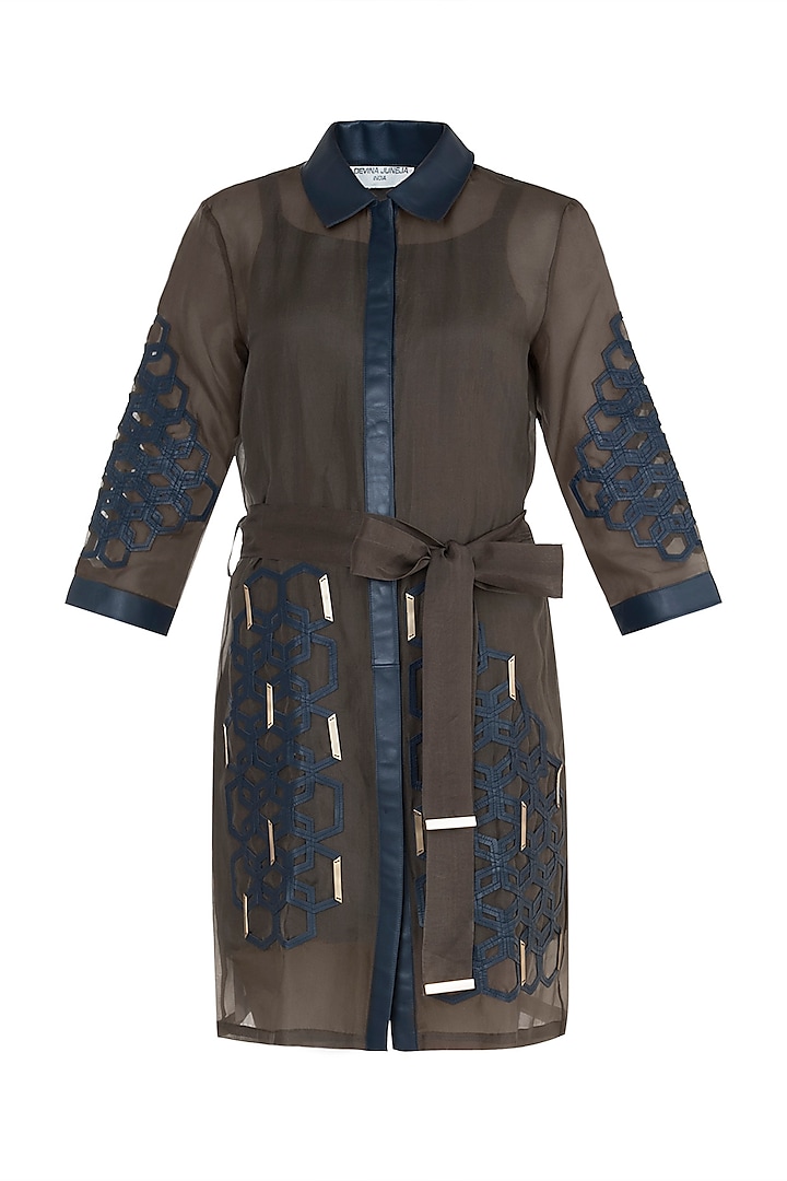 Brown Hexagon Mini Trench Dress With Inner by Devina Juneja