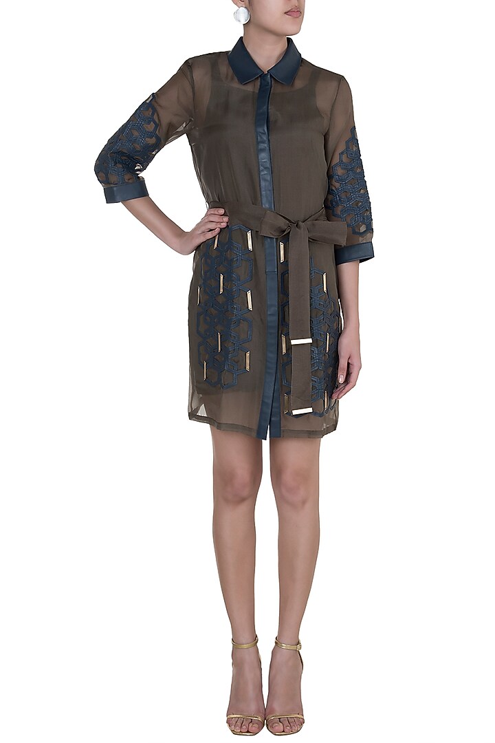 Brown Hexagon Mini Trench Vacation Dress With Inner by Devina Juneja at Pernia's Pop Up Shop