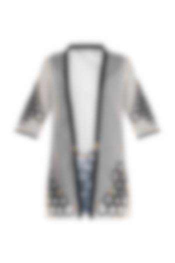 White Hexagon Patterned Short Kimono Jacket by Devina Juneja