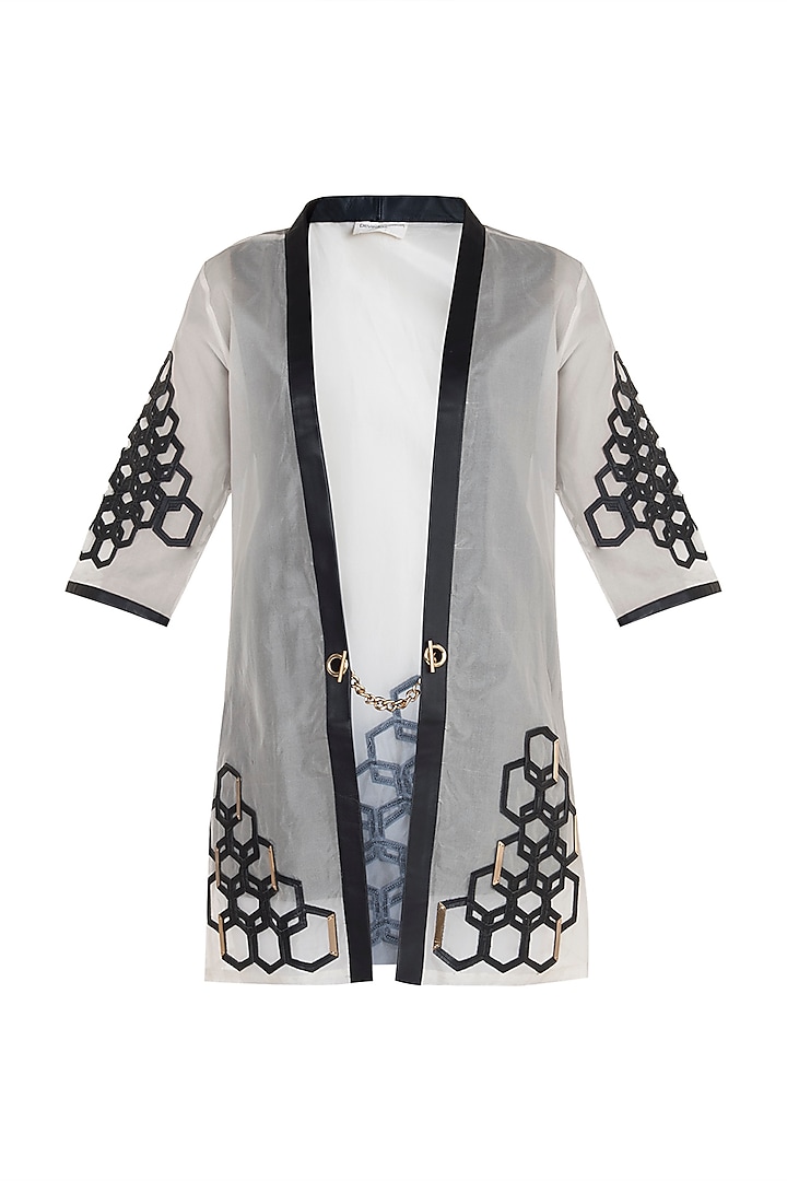White Hexagon Patterned Short Kimono Jacket by Devina Juneja
