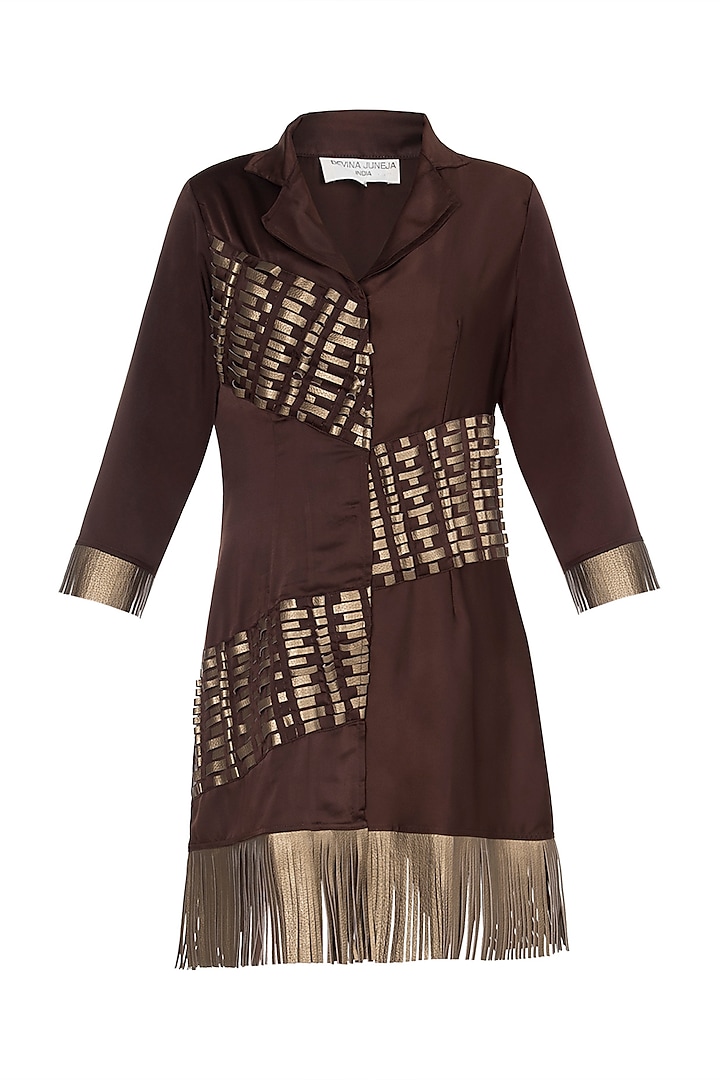 Coffee Brown Fringe Patterned Blazer Dress by Devina Juneja