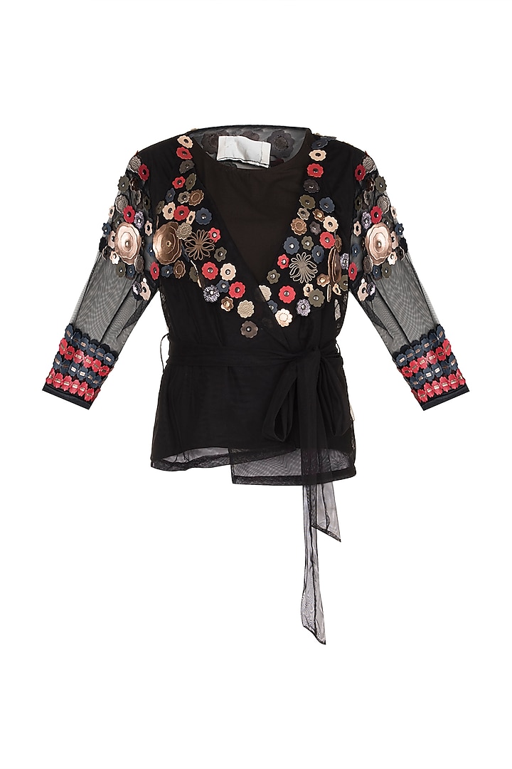 Black Embellished Floral Wrap Top by Devina Juneja